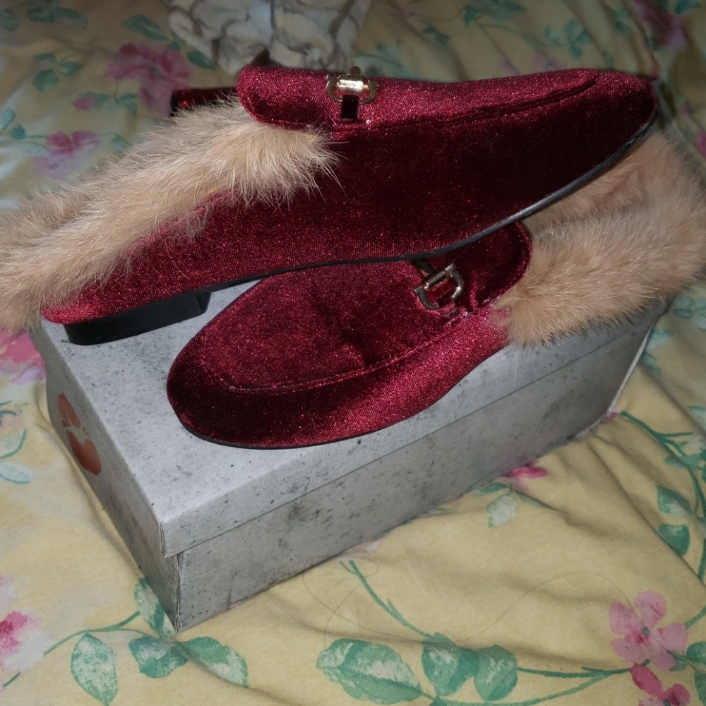 Burgundy Fluffy Slides/Mules